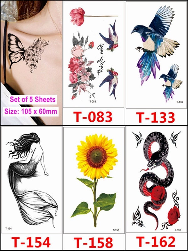 5Er Set Sonnenblumen Schlange Meerjungfrau Schwalbe Schmetterling Vogel Rose Blumen Body Taille Armhals Temporäre Tattoos Xqxseroes von SeasonSticker