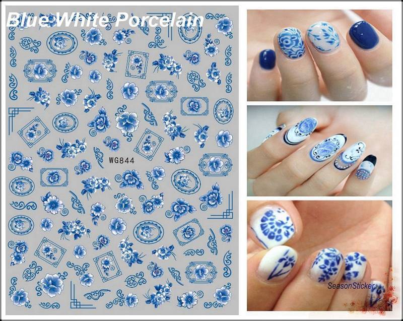 Blau Weiß Porzellan Wrap Blume Lotus Rose Fisch Asiatisch Element Selbstklebend Nagel Aufkleber Wgseries von SeasonSticker