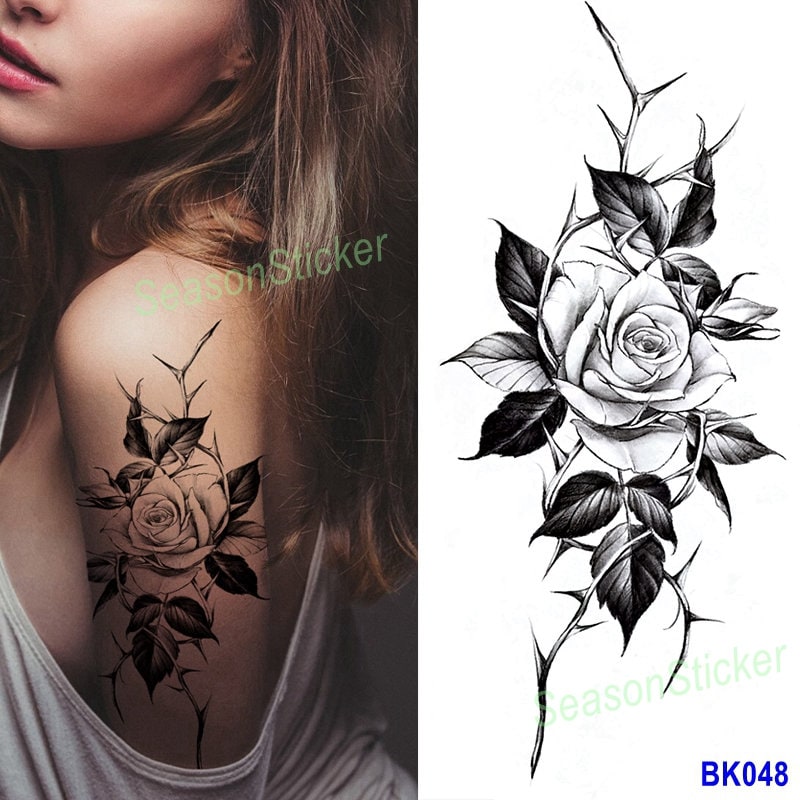 Dornige Rosen Blume Schwarz Skizze Daisy Sonnenblume Blatt Körper Taille Arm Hals Temporäre Kunst Tattoos Bkseries von SeasonSticker