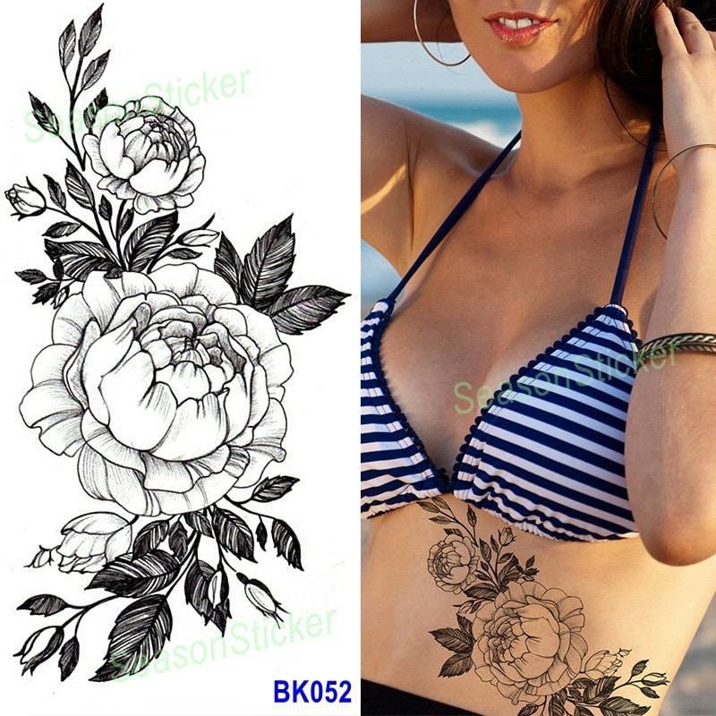 Dornige Rosen Tattoos Blume Pfingstrose Schwarz Skizze Daisy Sonnenblume Blatt Körper Taille Arm Hals Temporäre Kunst Bkseries von SeasonSticker