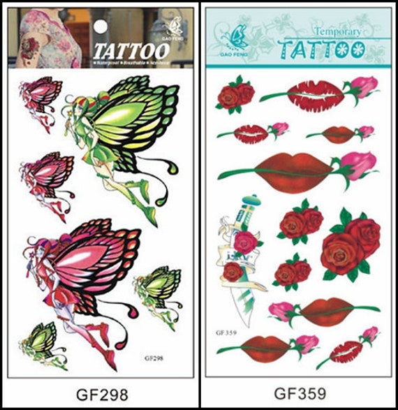 Engel Schmetterling Rote Lippen Dornen Rosen Blumen Lange Kette Körper Tattoo Gfseries von SeasonSticker