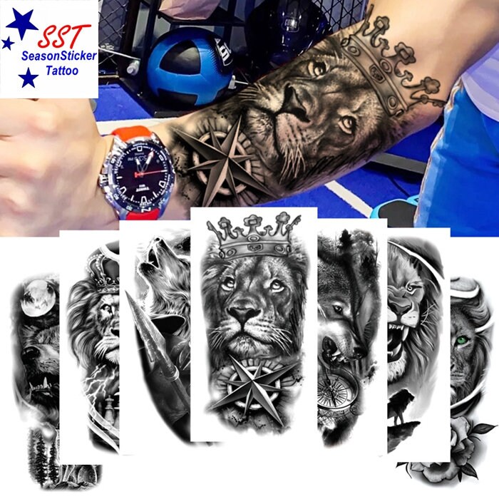 König Der Löwen Kompass Wolf Schädel Blume Drache Uhr Skeleton Hand Rose Tiger Totem Temporäre Körper Arm Kunst Tattoos Xqbseries von SeasonSticker