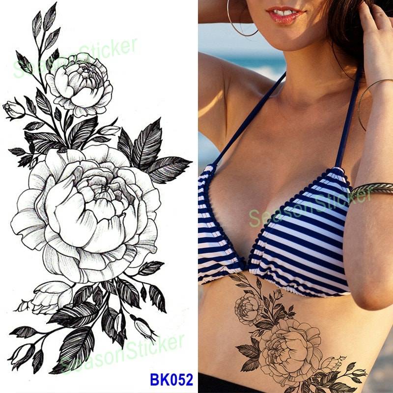 Pfingstrose Schwarz Temporäre Kunst Tattoos Dornige Rosen Blumen Daisy Sonnenblume Blatt Skizze Körper Taille Arm Hals Bkseries von SeasonSticker