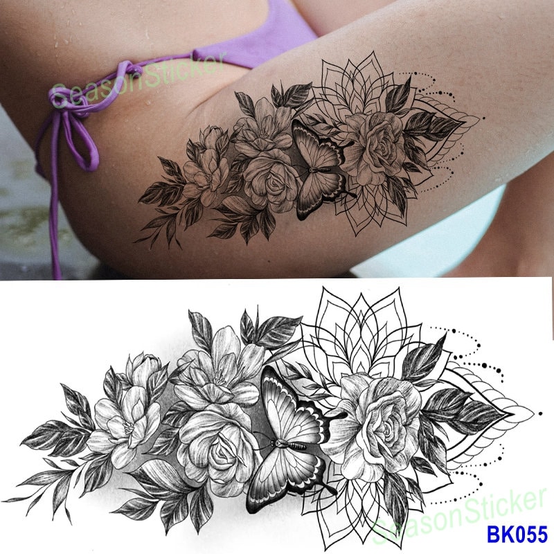 Rose Lotus Schmetterling Schwarz Skizze Schlange Halbmond Blume Daisy Sonnenblume Blatt Körper Temporäres Tattoo Design Temporäre Tattoos Bkseries von SeasonSticker