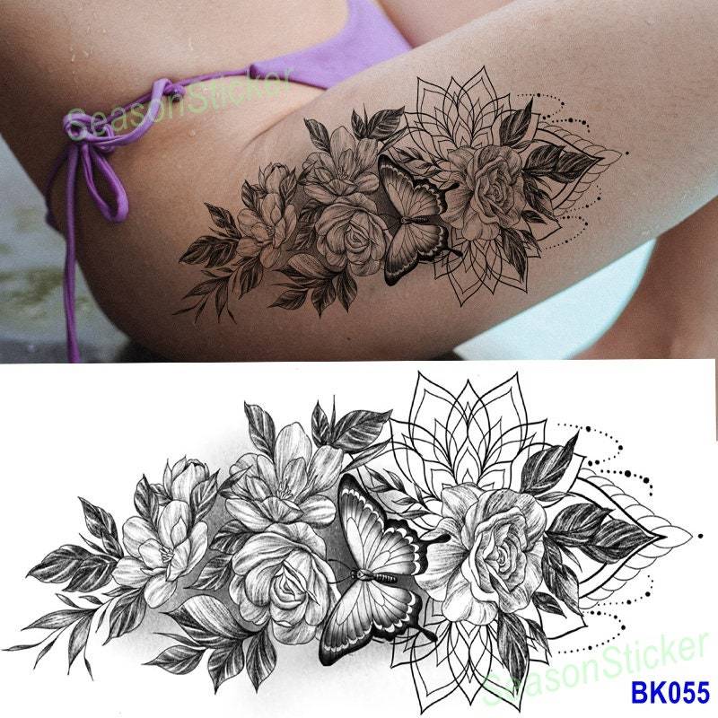 Rose Lotus Schmetterling Schwarz Skizze Schlange Halbmond Blume Daisy Sonnenblume Blatt Körper Temporäres Tattoo Design Temporäre Tattoos Bkseries von SeasonSticker