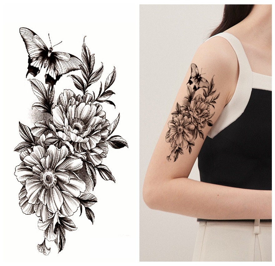 Schmetterling Pfingstrose Schwarze Blume Handzeichnung Körper Tattoos Skizze Blumen Taille Arm Bein Hals Tattoo Ffseries von SeasonSticker