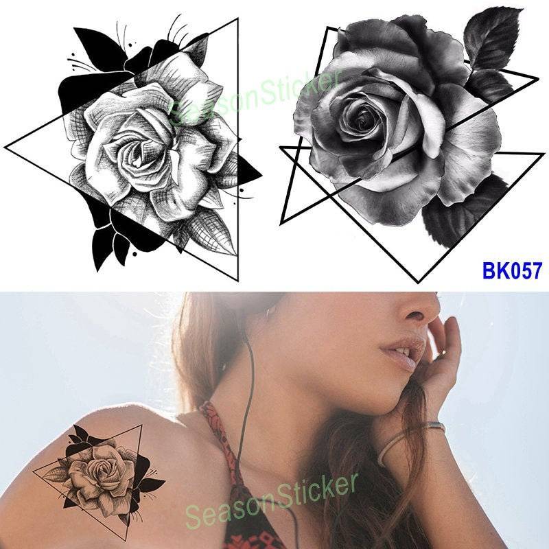 Schwarz Abstrakte Grafiken Formen Rose Halbmond Schlange Rosen Blume Schmetterling Daisy Blatt Körper Taille Arm Hals Temporäre Kunst Tattoos von SeasonSticker