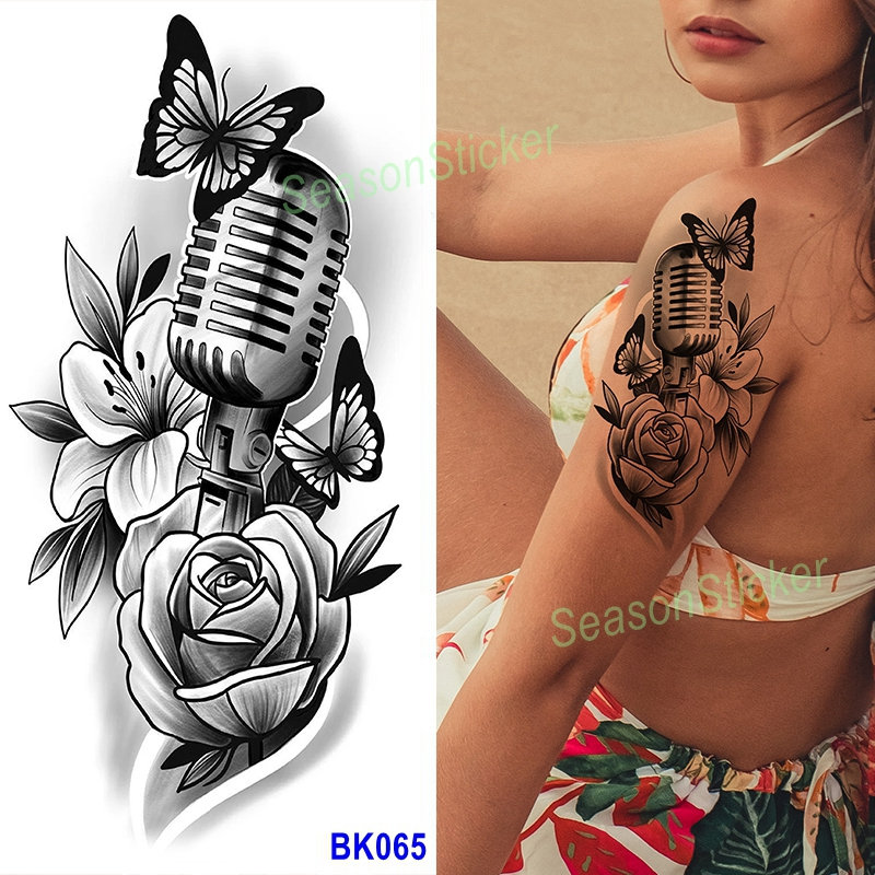 Schwarz Mikrofon Blume Schmetterling Morning Glory Crescent Moon Abstrakte Grafiken Figur Rose Körper Arm Hals Temporäre Tattoo Design Bkseries von SeasonSticker