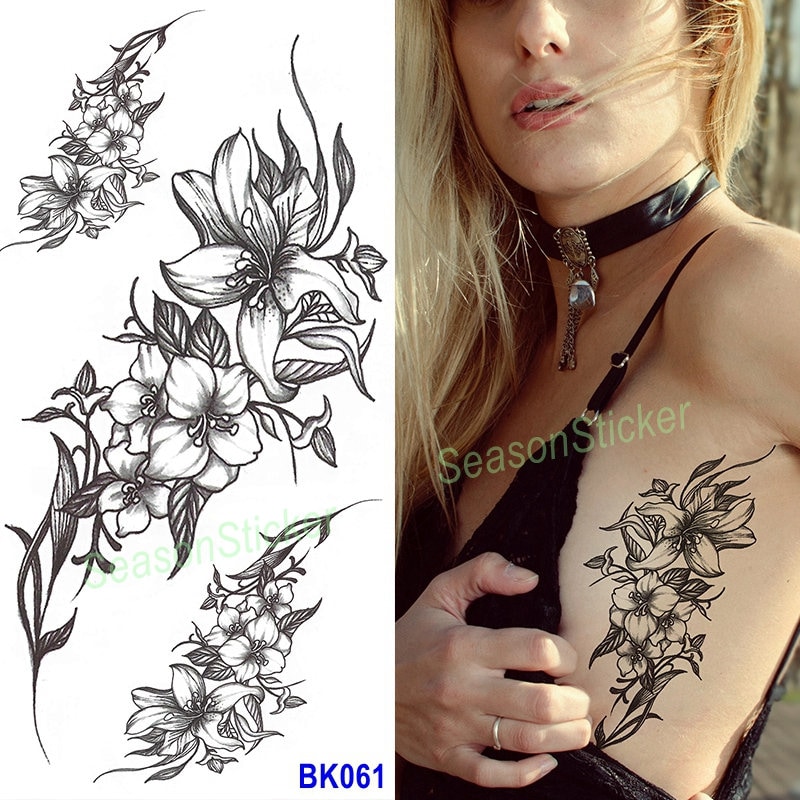 Schwarz Morning Glory Abstrakte Grafiken Formen Rose Crescent Moon Mikrofon Blume Schmetterling Körper Taille Arm Temporäre Kunst Tattoos Bkseries von SeasonSticker