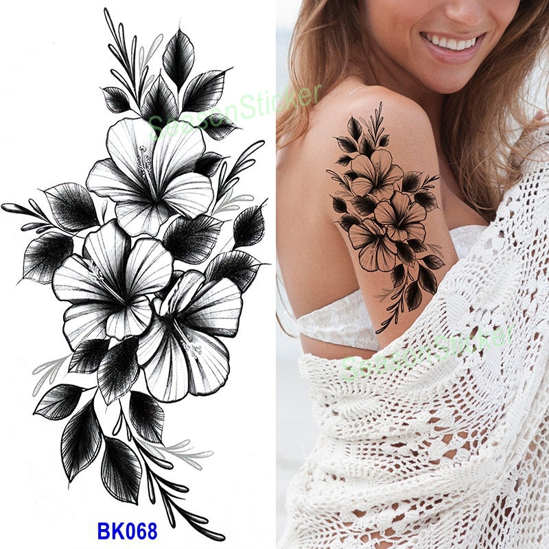 Schwarz Morning Glory Crescent Moon Abstrakte Grafiken Abbildung Mikrofon Blume Schmetterling Rose Körper Taille Arm Hals Temporäre Tattoos Bkseries von SeasonSticker