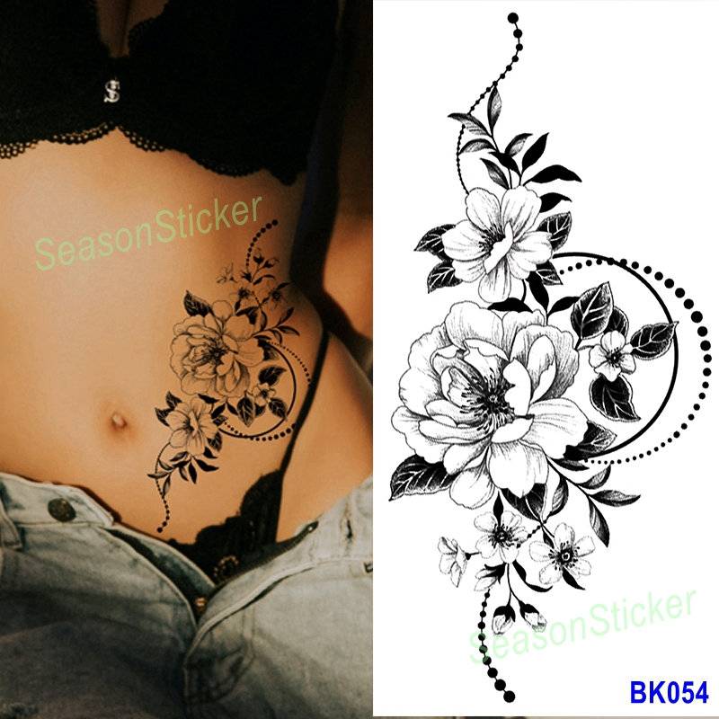 Schwarz Skizze Halbmond Blume Schmetterling Schlange Rosen Gänseblümchen Sonnenblume Blatt Körper Taille Arm Hals Temporäre Kunst Tattoos Bkseries von SeasonSticker