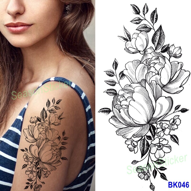 Schwarze Skizze Blume Rose Daisy Sonnenblume Blatt Körper Taille Arm Hals Temporäre Kunst Tattoos Bkseries von SeasonSticker