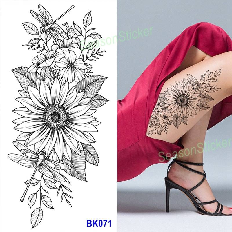 Schwarze Skizze Libelle Sonnenblume Rose Blume Abstrakte Grafik Figur Pistole Körper Taille Arm Hals Temporäre Kunst Tattoos Bkseries von SeasonSticker