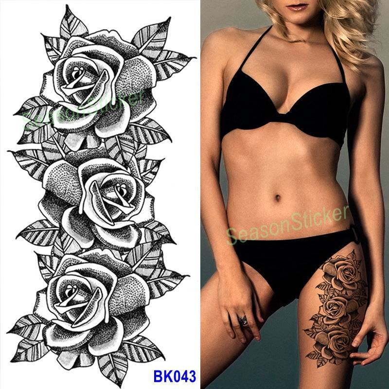 Schwarze Skizze Rose Daisy Sonnenblume Blume Blatt Körper Taille Arm Hals Temporäre Tattoos Bkseries von SeasonSticker