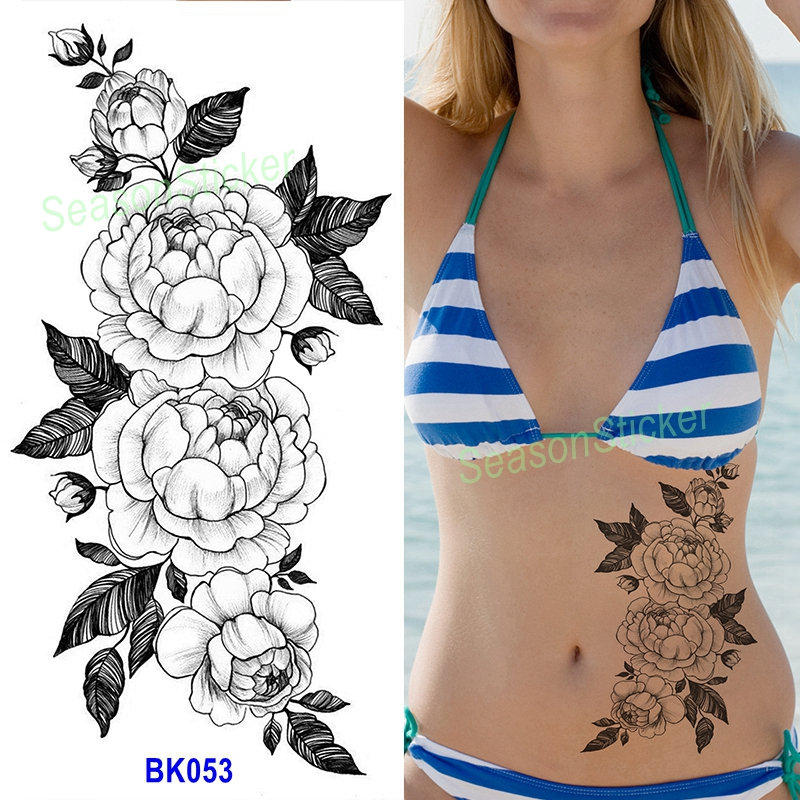 Schwarze Skizze Rosen Blume Daisy Sonnenblume Blatt Körper Taille Arm Hals Temporäre Kunst Tattoos Bkseries von SeasonSticker