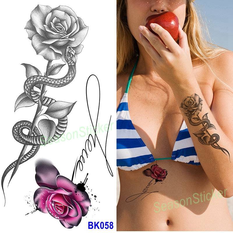 Schwarze Skizze Schlange Rosen Halbmond Blume Schmetterling Daisy Sonnenblume Blatt Körper Taille Arm Hals Temporäre Kunst Tattoos Bkseries von SeasonSticker