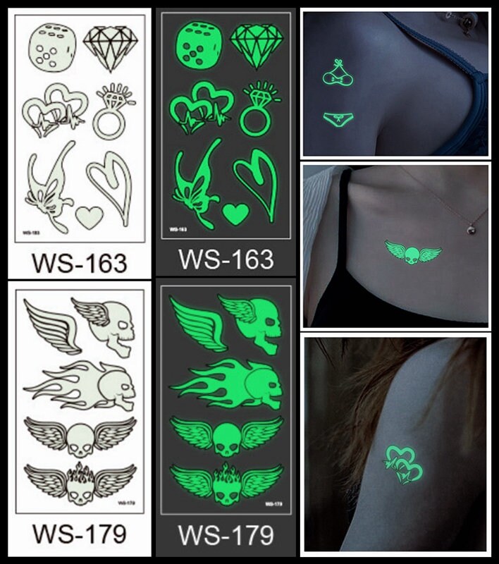 Set Von 4 Stück Luminous Herz Schädel Liebe Musik Festival Party Bar Taille Arm Hals Temporäre Körper Tattoo Wsseries von SeasonSticker