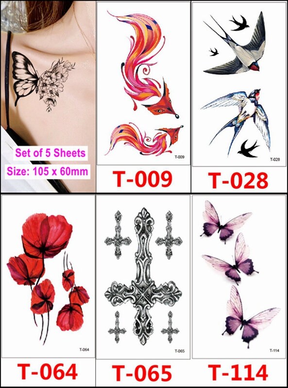 Set Von 5 Blätter Fuchs Schwalbe Schmetterling Blume Kreuz Tierkörper Taille Arm Hals Temporäre Tattoos Xqxseries von SeasonSticker