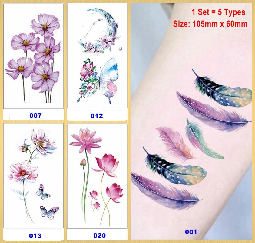 Set Von 5 Blätter Neon Feder Mond Daisy Schmetterling Lotus Blume Körper Taille Arm Hals Temporäre Tattoos Xqxseries von SeasonSticker