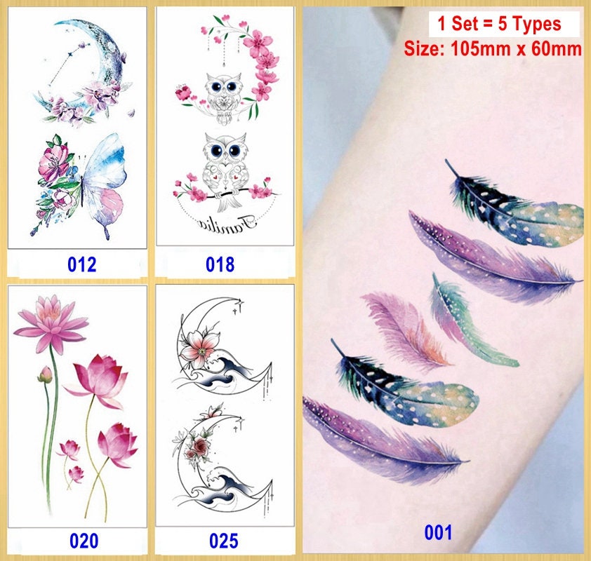 Set Von 5 Blätter Schmetterling Eule Feder Mond Daisy Lotus Blume Körper Taille Arm Hals Temporäre Tattoos Xqxseries von SeasonSticker