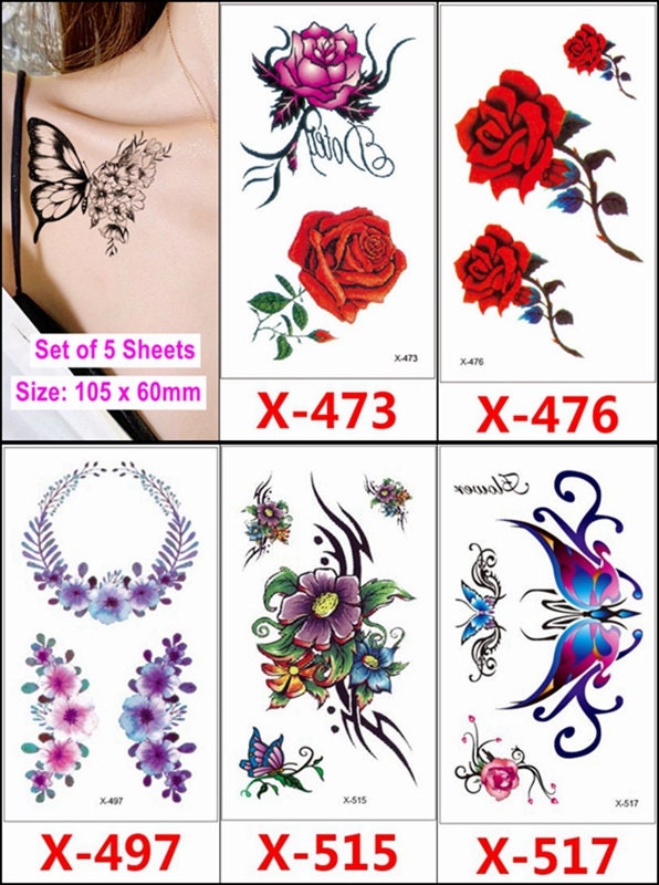 Set Von 5 Blätter Schmetterling Rose Daisy Crown Bunte Körper Taille Arm Hals Temporäre Tattoos Xqxseries von SeasonSticker