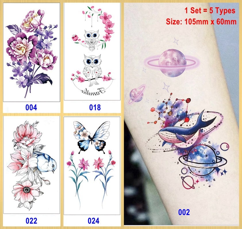 Set Von 5 Blättern Galaxy Planet Schmetterling Eule Vogel Daisy Blume Körper Taille Arm Hals Temporäre Tattoos Xqxseries von SeasonSticker