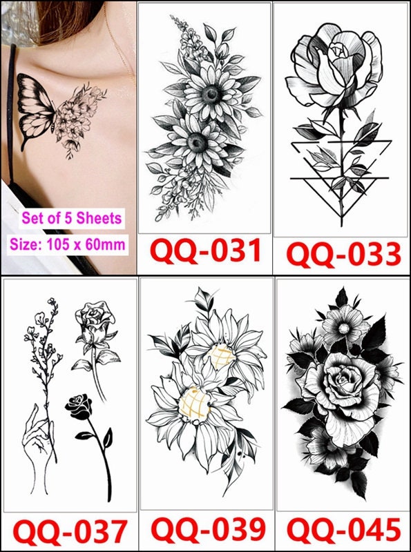 Set Von 5 Blättern Schwarze Sonnenblume Rose Blume in Händen Daisy Körper Taille Arm Hals Temporäre Tattoos Xqxseries von SeasonSticker