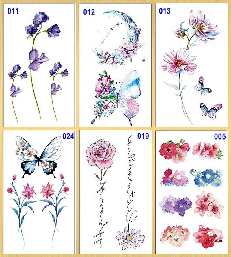 Set Von 6 Blätter Schmetterling Mond Daisy Rose Lotus Blume Körper Taille Arm Hals Temporäre Tattoos Xqxseries von SeasonSticker