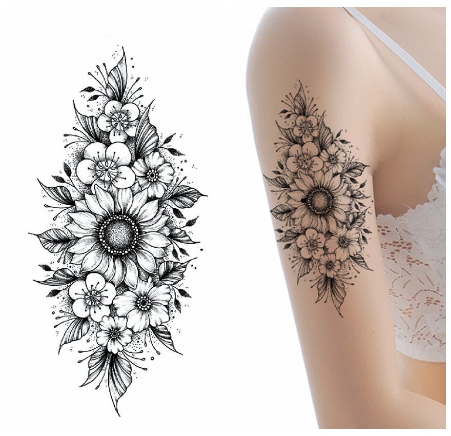 Sonnenblume Blumen Handzeichnung Körper Tattoos Schwarz Skizze Blume Rose Schmetterling Taille Arm Temporäre Ffseries von SeasonSticker