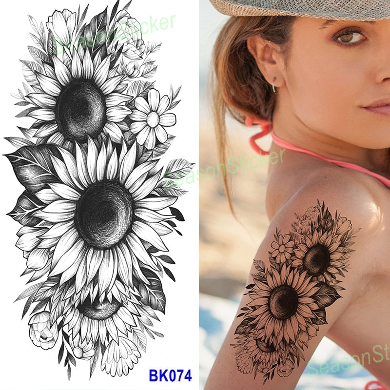 Sonnenblume Tattoo Rose Schwarz Skizze Blume Libelle Abstrakte Grafik Figur Pistole Körper Taille Arm Hals Temporäre Kunst Tattoos Bkseries von SeasonSticker