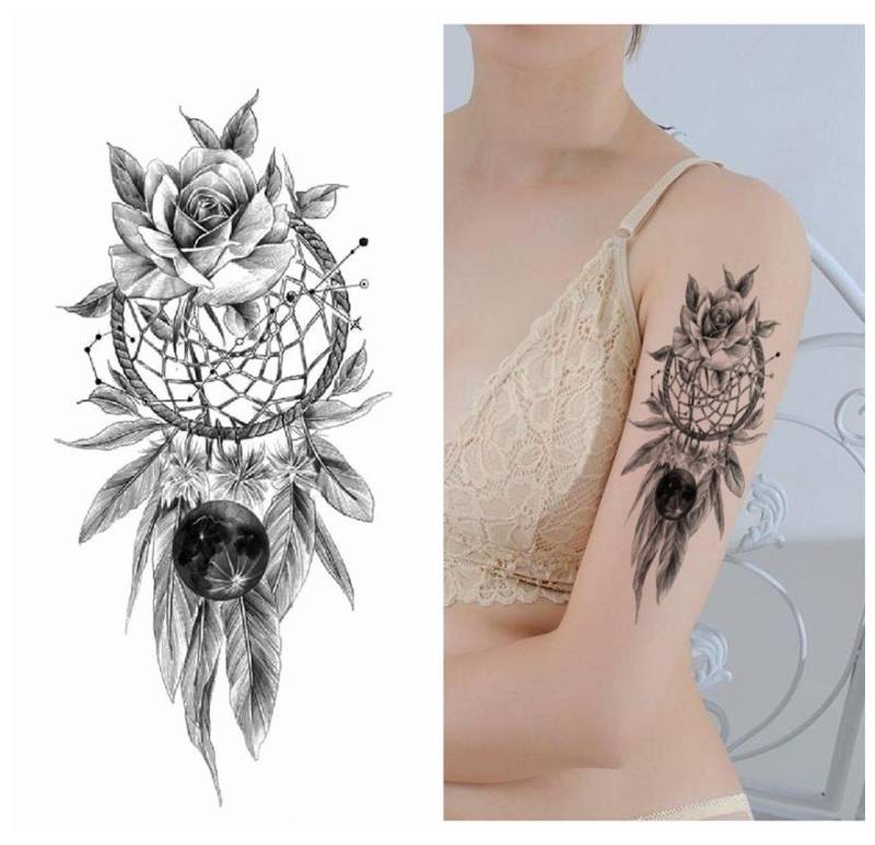 Traumfänger Handzeichnung Blumen Körper Tattoos Dreamcatcher Rose Feder Schwarz Skizze Blumenkörper Taille Arm Temporäre Tattoo Ffseries von SeasonSticker