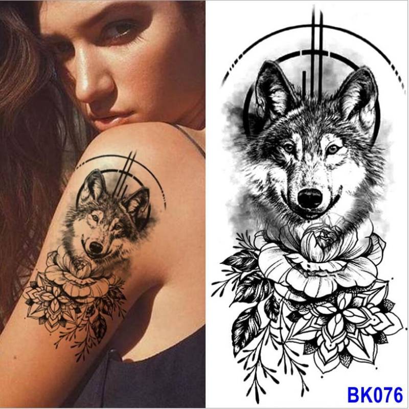 Wolf Schlange Schmetterling Tattoo Rose Schwarz Skizze Blume Abstrakte Streifen Mond Sterne Körper Taille Arm Hals Temporäre Kunst Tattoos Bkseries von SeasonSticker