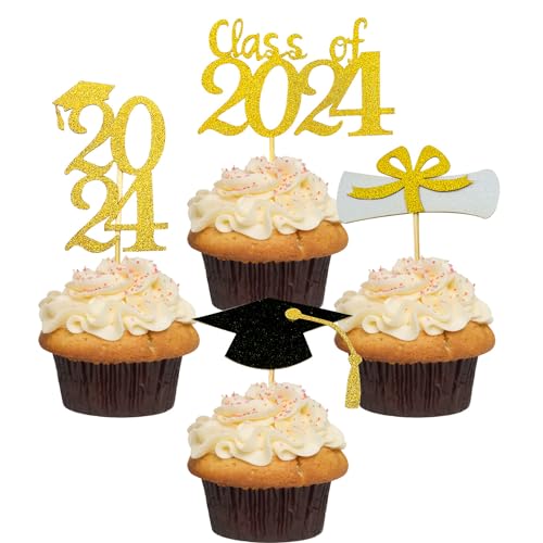 Glitzernde Cupcake-Toppers (48 Stück) Gold und Schwarz Klasse von 2022 Graduation Cap Diplom Cupcake Topper für Abschlussfeier 2022 Grad Congrats Graduation Dessert Dekoration Picks von Seasons Stars SSDecor