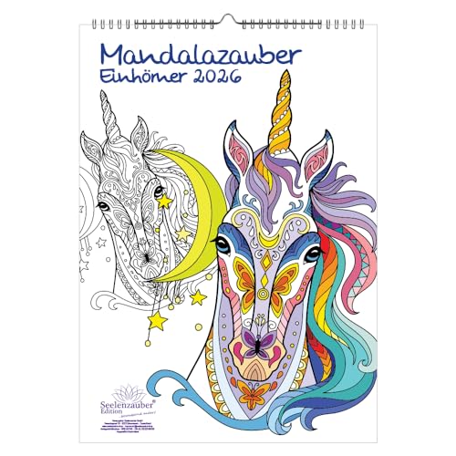 DIY Mandalazauber Einhörner Ausmalkalender DIN A3 Kalender für 2026 Mandala Zeichnen Malen - Set: 1x Kalender, 1x Weihnchtsanhänger (2 Teile) von Seelenzauber