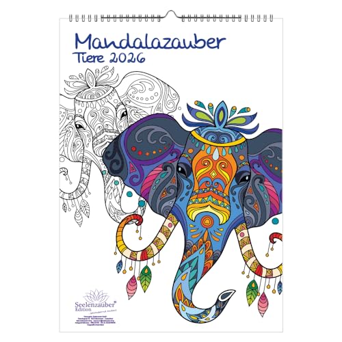 DIY Mandalazauber Tiere Ausmalkalender DIN A3 Kalender für 2026 Mandala Zeichnen Malen - Set: 1x Kalender, 1x Weihnchtsanhänger (2 Teile) von Seelenzauber