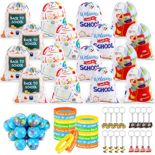 Seenelling 64-teiliges Schulgeschenk-Set für Schüler, inklusive 16 Taschen mit Kordelzug, 16 Schlüsselanhänger, 16 Silikon-Armbänder, 16 Mini-Erdstressbälle, Geschenktütenfüller, Partygeschenke von Seenelling