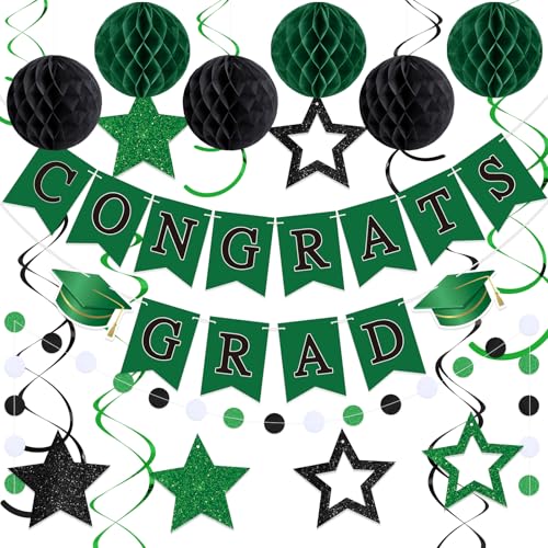 Seenelling Congrats Grad Banner 2025 Abschlussdekorationen mit hängendem Wirbel Wabenball Kreis Girlande Grad Party Favor Supplies für College Senior High School Klassenzimmer Dekor (Grün und Schwarz) von Seenelling