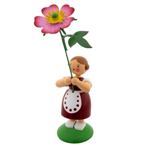 Jan Legler | Sommerblumenmädchen Blumenkinder | Handwerkskunst aus dem Erzgebirge | Holzfigur Frühlingsdeko | 12 cm | mit Heckenrose von Seiffener Volkskunst