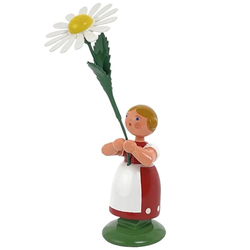 Jan Legler | Wiesenblumenmädchen Blumenkinder | Handwerkskunst aus dem Erzgebirge | Holzfigur Frühlingsdeko | 12 cm | mit Margerite von Seiffener Volkskunst