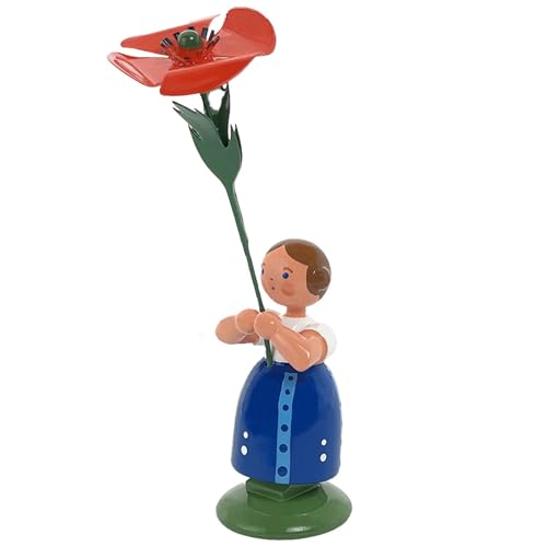 Jan Legler | Wiesenblumenmädchen Blumenkinder | Handwerkskunst aus dem Erzgebirge | Holzfigur Frühlingsdeko | 12 cm | mit Mohnblume von Seiffener Volkskunst