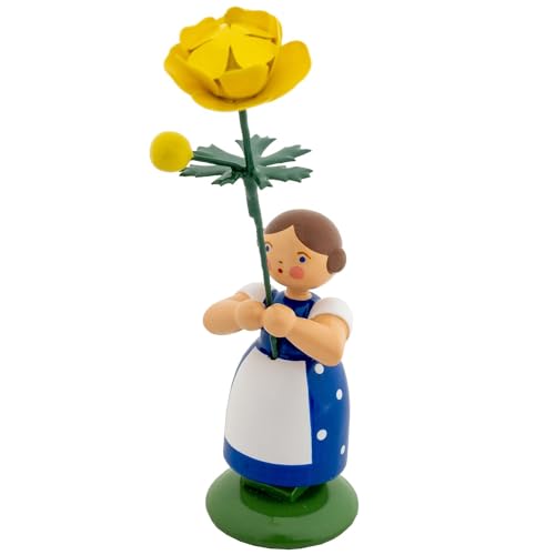 Jan Legler | Wiesenblumenmädchen Blumenkinder | Handwerkskunst aus dem Erzgebirge | Holzfigur Frühlingsdeko | 12 cm | mit Trollblume von Seiffener Volkskunst