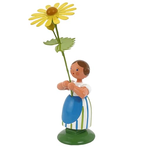 Jan Legler | Wiesenblumenmädchen Blumenkinder | Handwerkskunst aus dem Erzgebirge | Holzfigur Frühlingsdeko | 12 cm | mit gelber Margerite von Seiffener Volkskunst