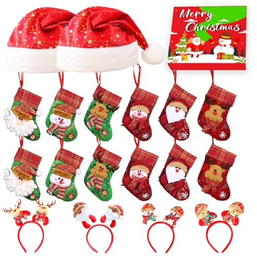 26-teiliges Weihnachtsfeier-Geschenkbox-Set, 2 Weihnachtsmannmützen mit Stern, 12 Mini-Strümpfe für Weihnachtsbaumschmuck, 8 Weihnachtskarten, 4 Stirnbänder für Weihnachten, Winterparty, Geschenk für von Seilvda