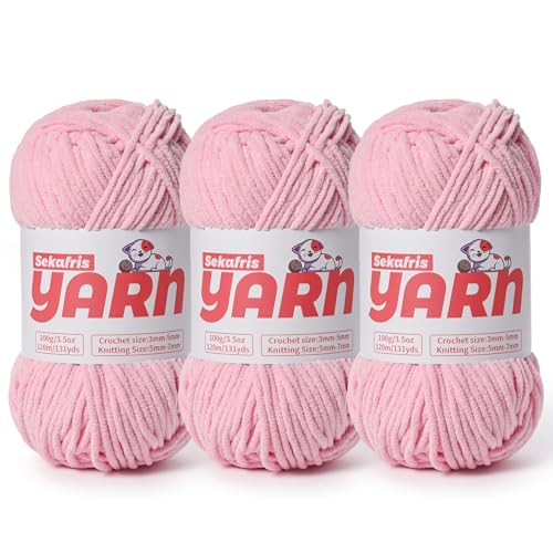 3 x grobes Plüsch-Chenille-Garn zum Häkeln, weiches, flauschiges Samtgarn zum Häkeln, flauschiges Babydecken-Strickgarn, 300 g, sperriges Amigurumi-Garn (3 Rosa) von Sekafris