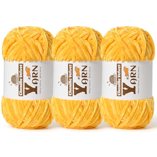 3er-Pack Plüsch-Chenille-Garn – flauschiges Samtgarn zum Stricken und Häkeln von Decken – weiches Babygarn zum Häkeln – Amigurumi-Häkelgarn 100 g (80 Yds) (3 Goldgelb) von Sekafris