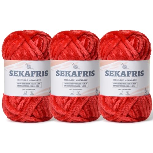 Flauschiges Chenille-Garn zum Häkeln, weiches Plüschgarn zum Handstricken, sperrig, 3 x 100 g, Babydeckengarn zum Häkeln, Amigurumi-Garn, Häkeln, flauschiges Samtgarn (rot) von Sekafris