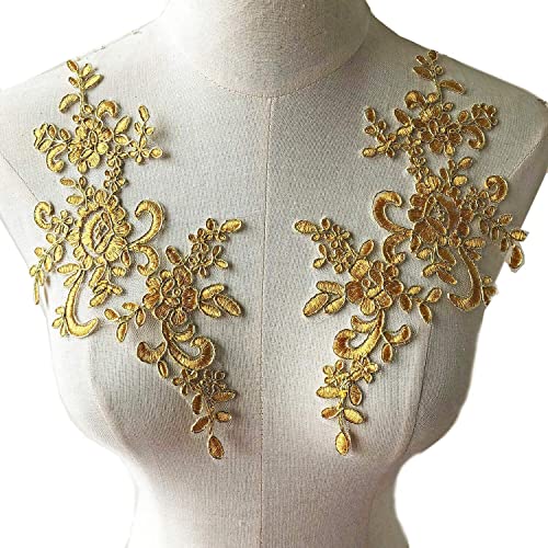 Spiegel-Paar, zarte, bestickte Spitzenapplikationen, Hochzeits-Spitzen-Aufnäher, Braut-Blumen-Nähapplikationen, DIY für Kleid, Schleier, Abendkleid (Gold) von Selene