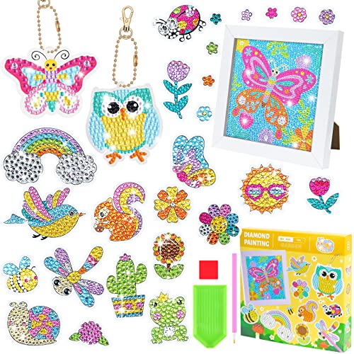 SelfTek 5D Diamond Painting Kinder Set, Enthalten 25 Stück Sticker, 2 Stück Schlüsselanhänger, 1 Stück 5D Diamant Painting Bilder, Ideal für Kindergeschenke von SelfTek