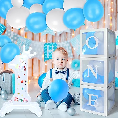 SelfTek Dekorationen zum 1. Geburtstag für Jungen, 3 Stück Ballonboxen mit einem Buchstaben, Zahl 1 Ballon und 24 Stück blau-weiße Luftballons für ein Jahr alte Geburtstagsparty von SelfTek