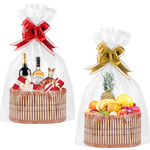 SelfTek Geschenkkorb, 2 Set Geschenkkörbe für Geschenke, leer, gewebter Bambus-Geschenkkorb-Kit mit Wickeltaschen, Bast und Zugschleifen, Körbe zur Herstellung von Körben für Babyparty, Geburtstag, 30 von SelfTek